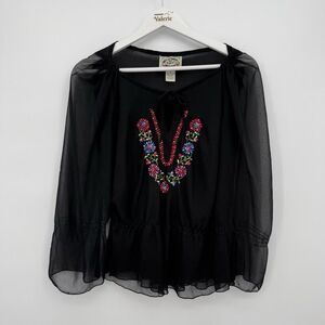 24 Karat Y2k Black Floral Embroidered Sheer Mesh Blouse Top Size Small Boho